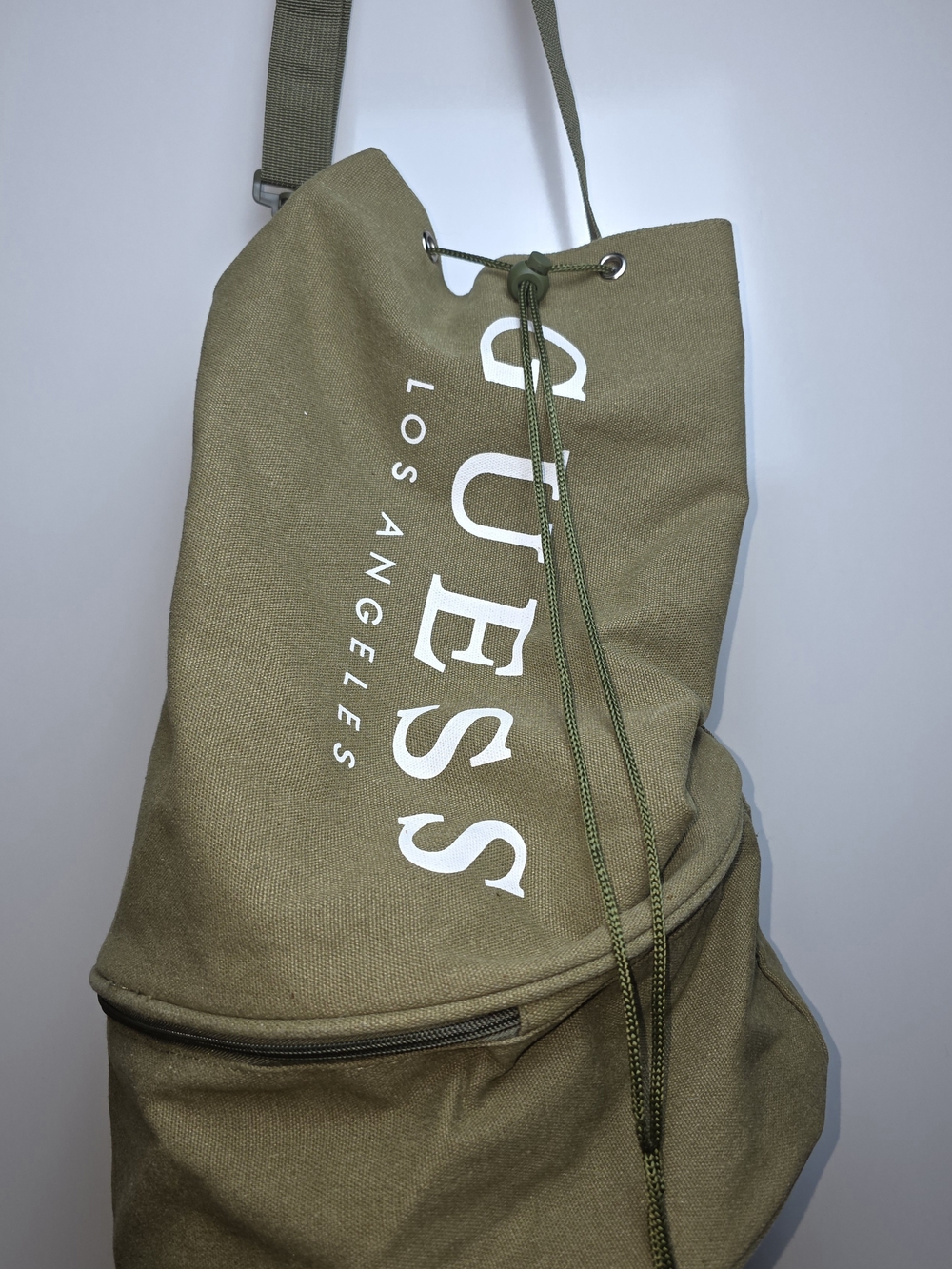 Guess Los Angeles Olive Green Canvas Drawstring Duffle Bag Travel Gym Tote
